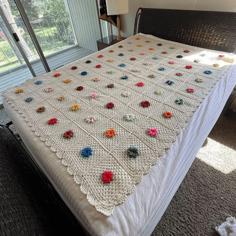 Handmade Crochet Afghan Blanket Puff 3D Flowers Cotton Blend 72x52 Boho Cottagec